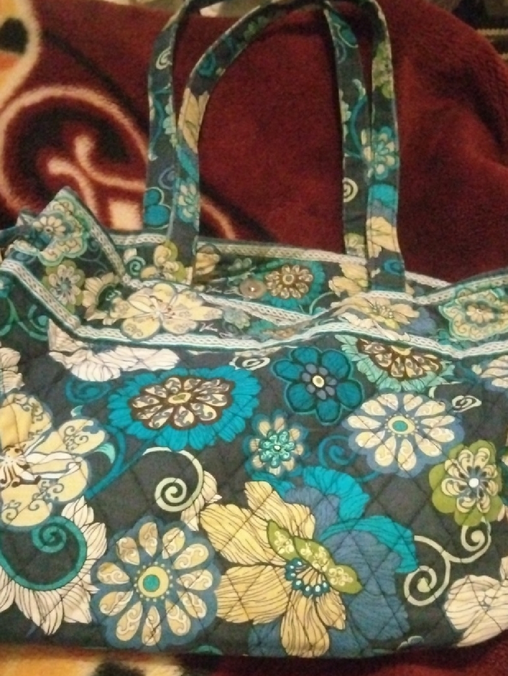 Vera Bradley Quilted Floral Tote in Teal, Blue and Cream